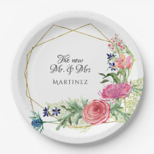 Watercolor Geometric Modern Pink n Navy Floral Paper Plate