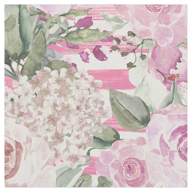 Watercolor geometric pastel green pink floral fabric (Close Up)