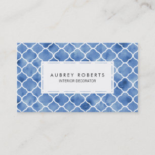 Watercolor Geometric Pattern Indigo Blue and White Business Card