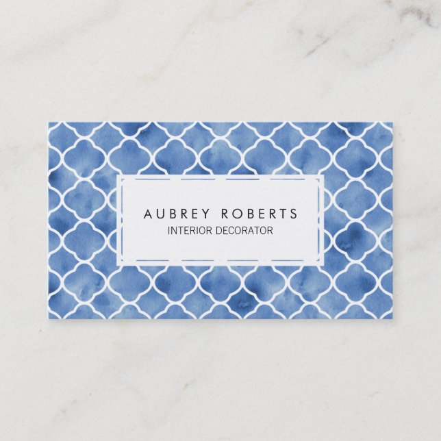 Watercolor Geometric Pattern Indigo Blue and White Business Card (Front)