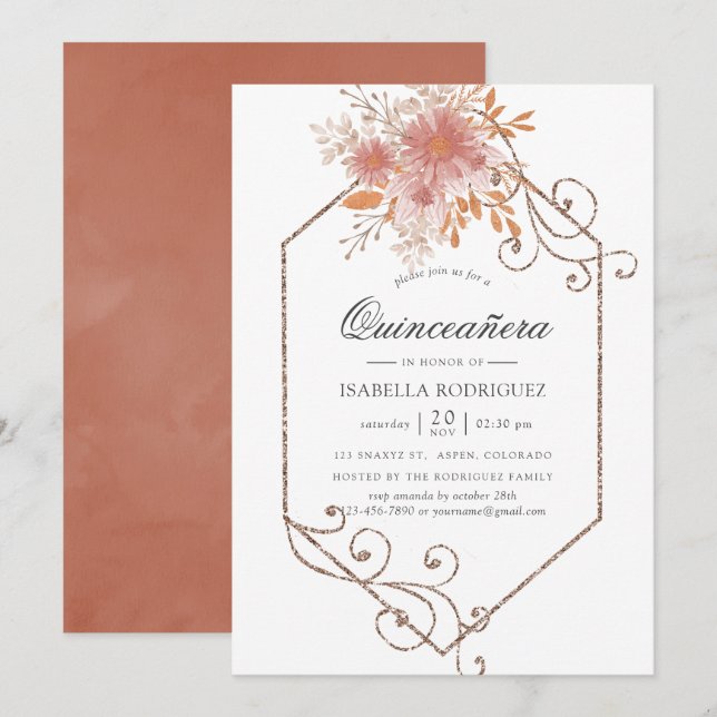 Watercolor Geometric Terracotta Quinceañera Invitation (Front/Back)