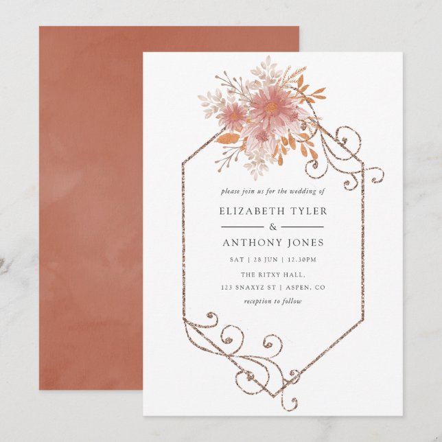Watercolor Geometric Terracotta Wedding Invitation (Front/Back)