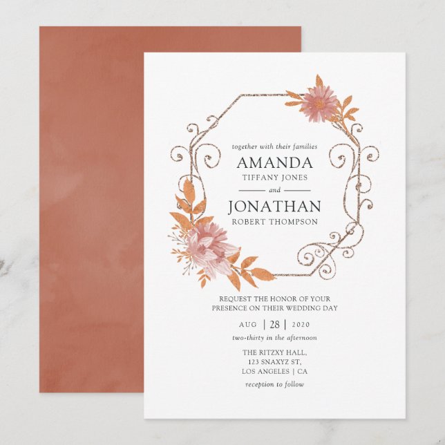 Watercolor Geometric Terracotta Wedding Invitation (Front/Back)