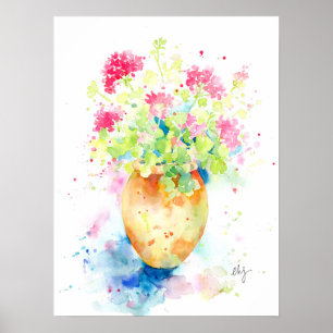 Watercolor geranium in terracotta pot poster