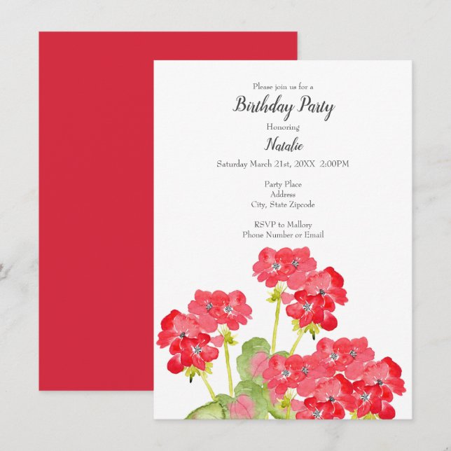 Watercolor Geraniums 2 Invitation (Front/Back)