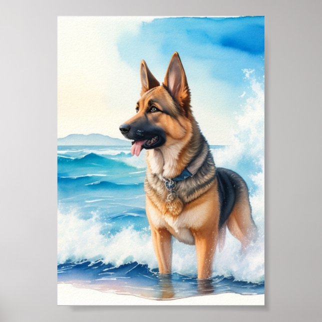 Watercolor German Shepherd at the Beach 2 Poster (Front)
