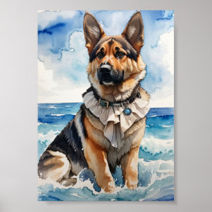 Watercolor German Shepherd at the Beach 5 Poster