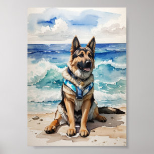 Watercolor German Shepherd at the Beach 7 Poster
