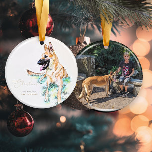 Watercolor German Shepherd Belgian Malinois Photo Ceramic Tree Decoration