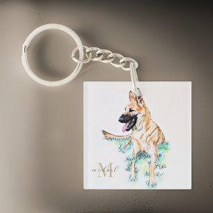 Watercolor German Shepherd Malinois Monogram Key Ring