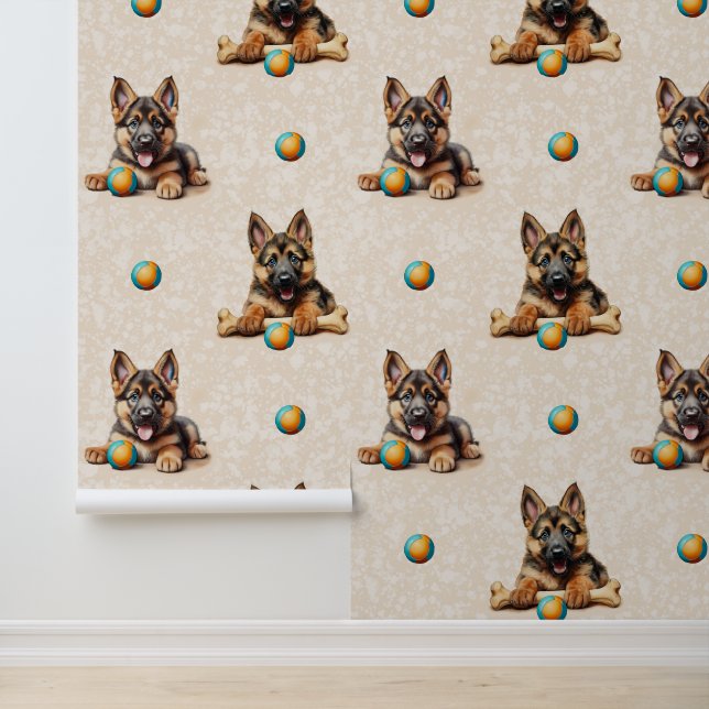 Watercolor German Shepherd Puppy Dog Ball Bone Wallpaper (Application)