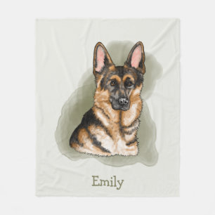 Watercolor German Shepherd With Custom Name Green Fleece Blanket