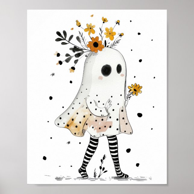 Watercolor Ghost& Sunflowers Whimsical Halloween Poster (Front)