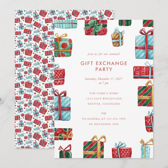 Watercolor Gifts Christmas Gift Exchange Party Invitation (Front/Back)