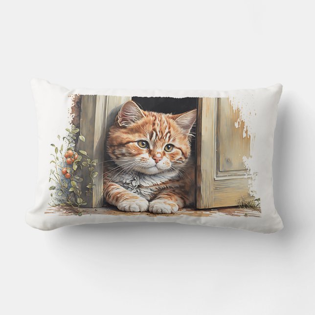 Watercolor Ginger Cat in Doorway Lumbar Cushion (Front)