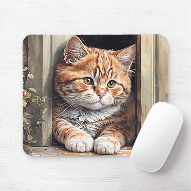 Watercolor Ginger Cat  Mouse Mat (With Mouse)