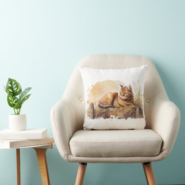 Watercolor Ginger Cat On Hay Cushion (Chair)