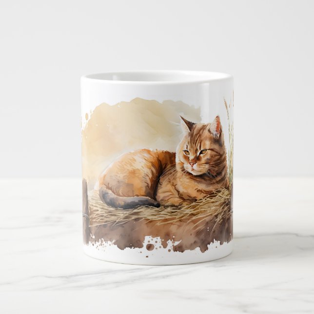 Watercolor Ginger Cat On Hay Large Coffee Mug (Front)