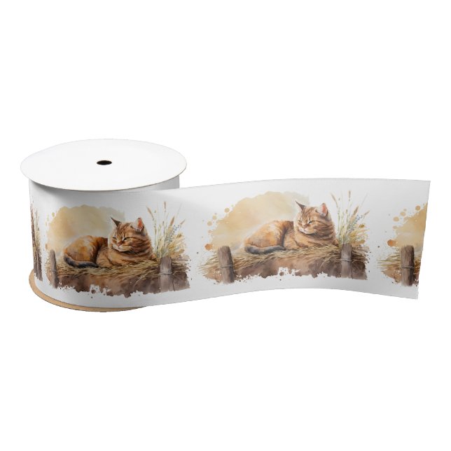 Watercolor Ginger Cat On Hay Satin Ribbon (Spool)