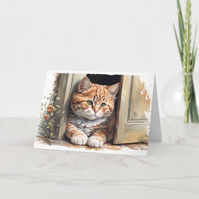 Watercolor Ginger Cat Thinking Of You Card (Front)