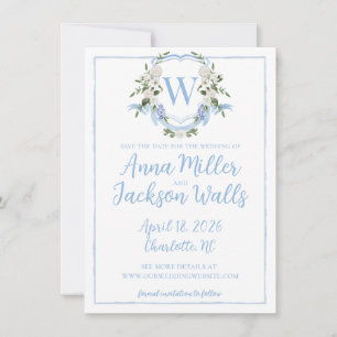 Watercolor Ginger Jar Monogram Crest, Blue White  Save The Date