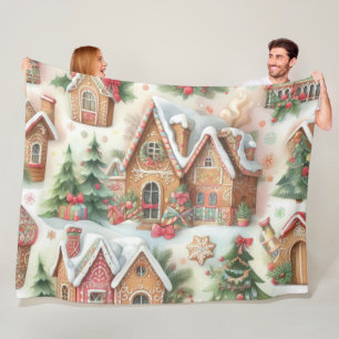 Watercolor Gingerbread Christmas Motifs Holiday Fleece Blanket