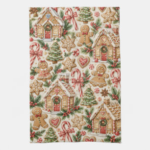 Watercolor Gingerbread Christmas Village Pattern Tea Towel