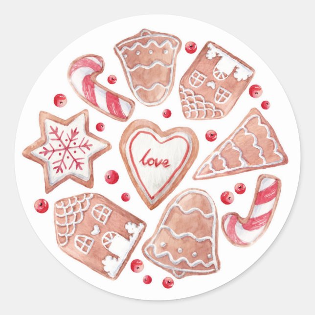 Watercolor Gingerbread Cookies Christmas Classic Round Sticker (Front)