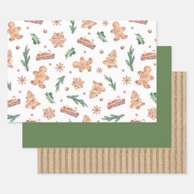 Watercolor Gingerbread Cookies Christmas Wrapping Paper Sheet (Set)