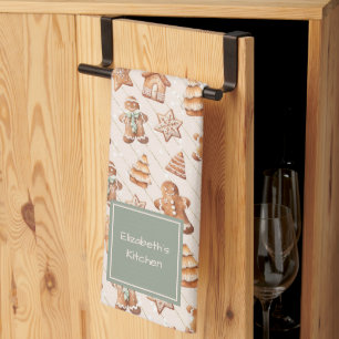 Watercolor Gingerbread & Holiday Cookies Name Tea Towel