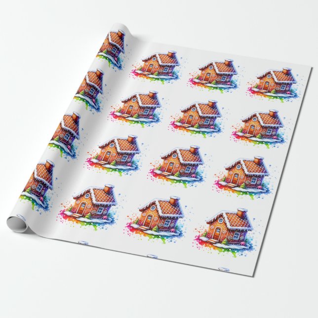 Watercolor Gingerbread House Christmas Wrapping Wrapping Paper (Unrolled)