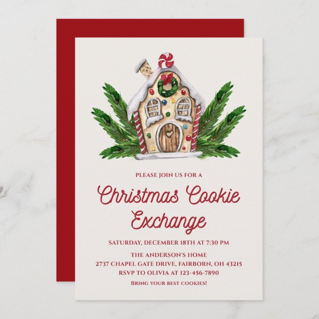 Watercolor Gingerbread House Cookie Exchange Party Invitation (Front/Back)