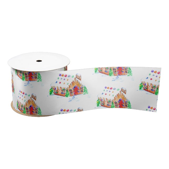  Watercolor Gingerbread House Cute Merry Christma Satin Ribbon (Spool)