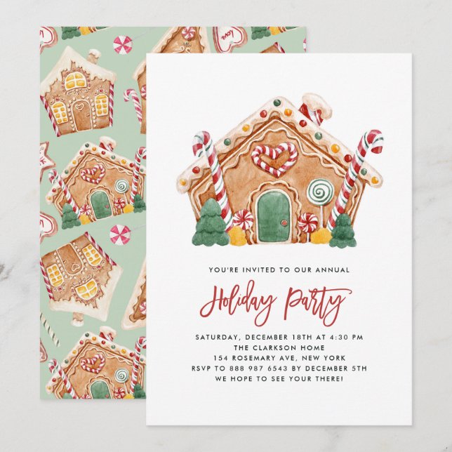 Watercolor Gingerbread House Holiday Party Invitation (Front/Back)