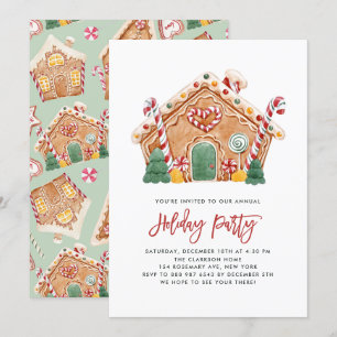 Watercolor Gingerbread House Holiday Party Invitation