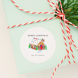 Watercolor Gingerbread House Merry Christmas Cute Classic Round Sticker