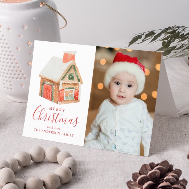 Watercolor Gingerbread House Merry Christmas Photo Holiday Card (Creator Uploaded)