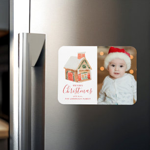 Watercolor Gingerbread House Merry Christmas Photo Magnet