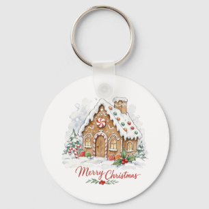 Watercolor Gingerbread House with Candy Canes Key Ring