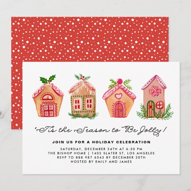 Watercolor Gingerbread Houses Holiday Party Invitation (Front/Back)