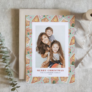 Watercolor Gingerbread Houses Photo Christmas Holiday Card
