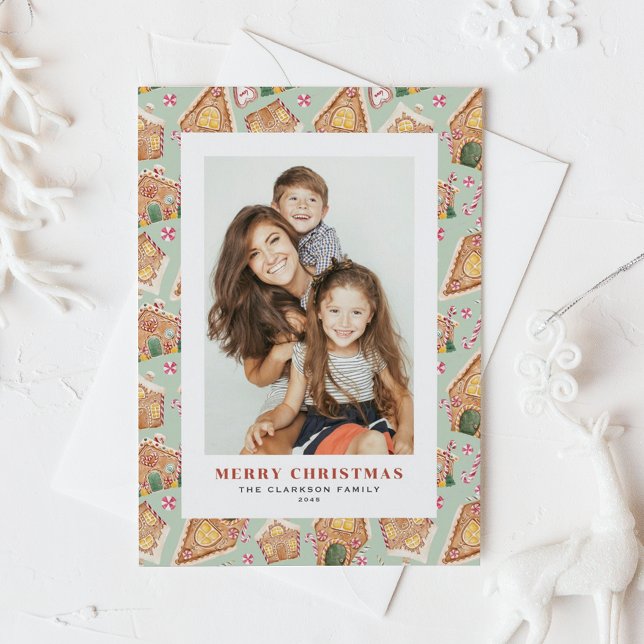 Watercolor Gingerbread Houses Photo Christmas Holiday Postcard (Festive Gingerbread House Mint Photo Christmas Holiday Postcard)