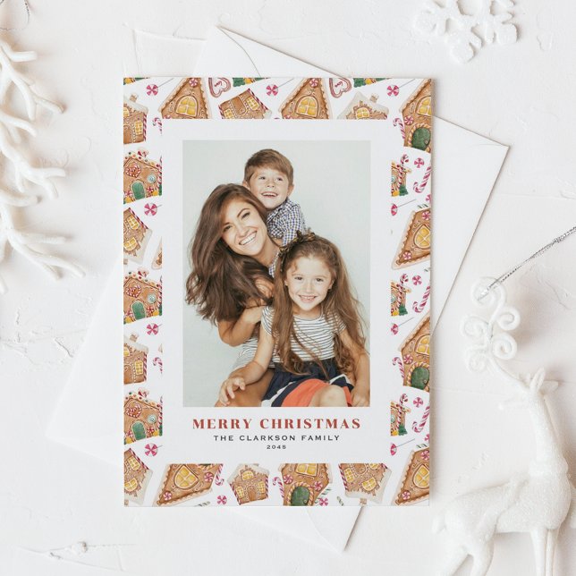 Watercolor Gingerbread Houses Photo Christmas Holiday Postcard (Festive Gingerbread House White Photo Christmas Holiday Postcard)