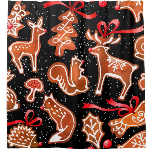Watercolor gingerbread seamless pattern shower curtain (Front)
