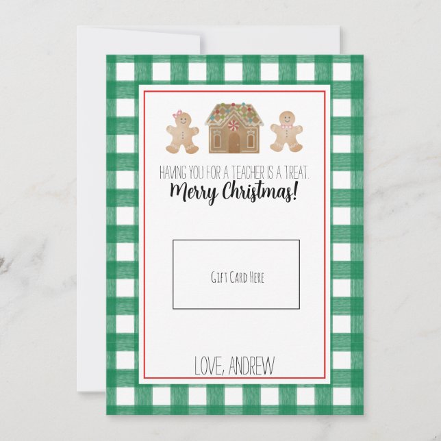 Watercolor Gingerbread Teacher Christmas Gift Card (Front)