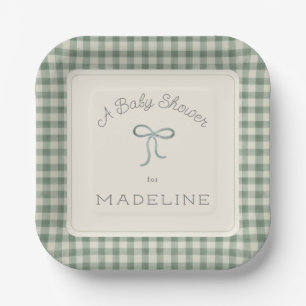 Watercolor Gingham Antique Sage Green Baby Shower Paper Plate