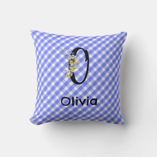 Watercolor gingham blue pattern Flower Monogram Cushion