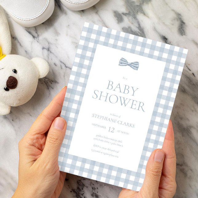 Watercolor Gingham & Bow Tie Boy Baby Shower Invitation (Creator Uploaded)