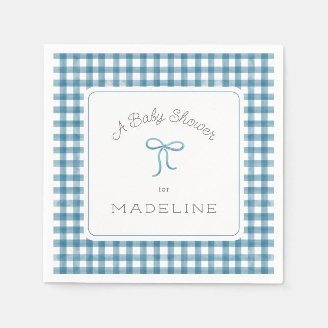 Watercolor Gingham Denim Blue Baby Shower Napkin (Front)