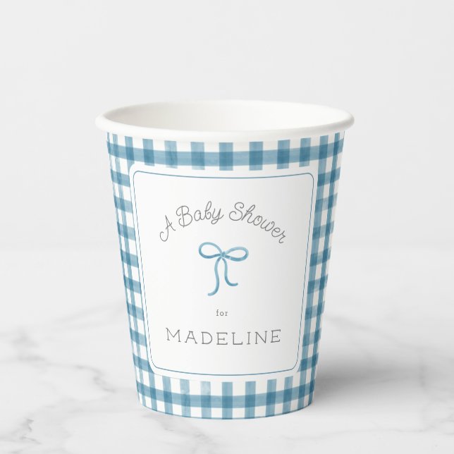 Watercolor Gingham Denim Blue Baby Shower Paper Cups (Front)